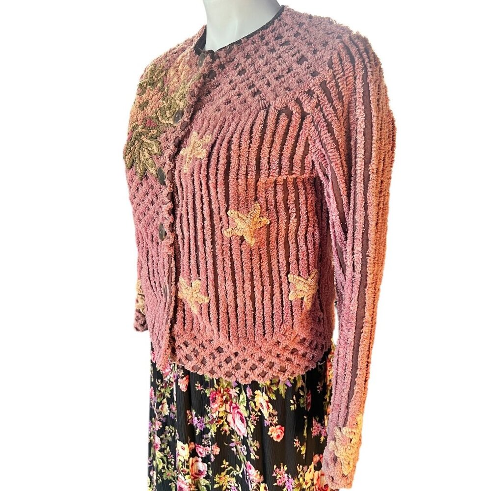Chenille Cardigan With Loop Details on flowers Leaves Handmade Pink Rose - Picture 3 of 13